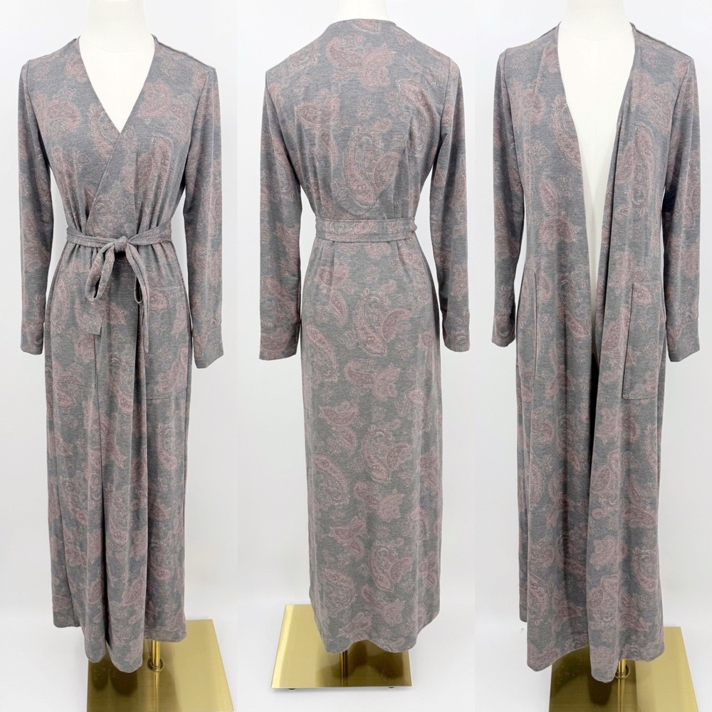 Denova XS Grey Pink Paisley Long Sleeve Robe Wrap Belted Pockets Loungewear Cozy